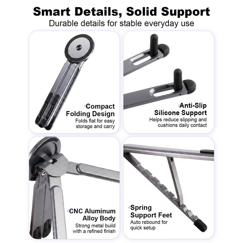 4-in-1 Foldable Laptop Stand, 8-Level Adjustable Riser, Magnetic Phone Holder for Desk, Home Office And Travel