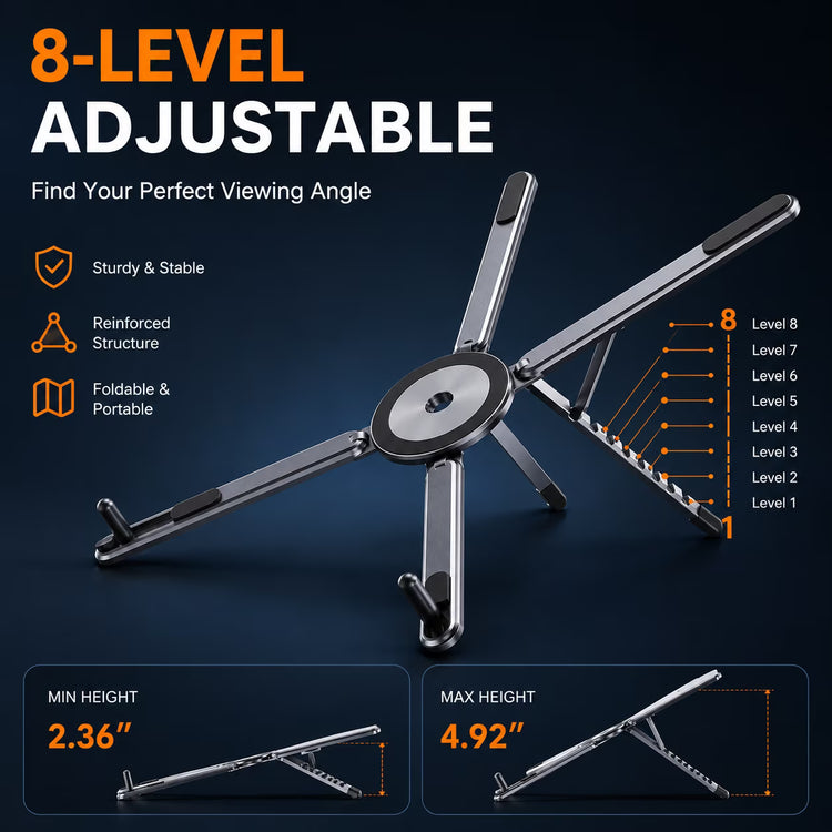 4-in-1 Foldable Laptop Stand, 8-Level Adjustable Riser, Magnetic Phone Holder for Desk, Home Office And Travel