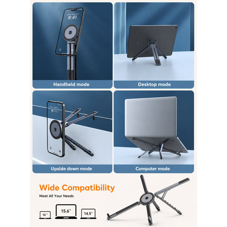 4-in-1 Foldable Laptop Stand, 8-Level Adjustable Riser, Magnetic Phone Holder for Desk, Home Office And Travel