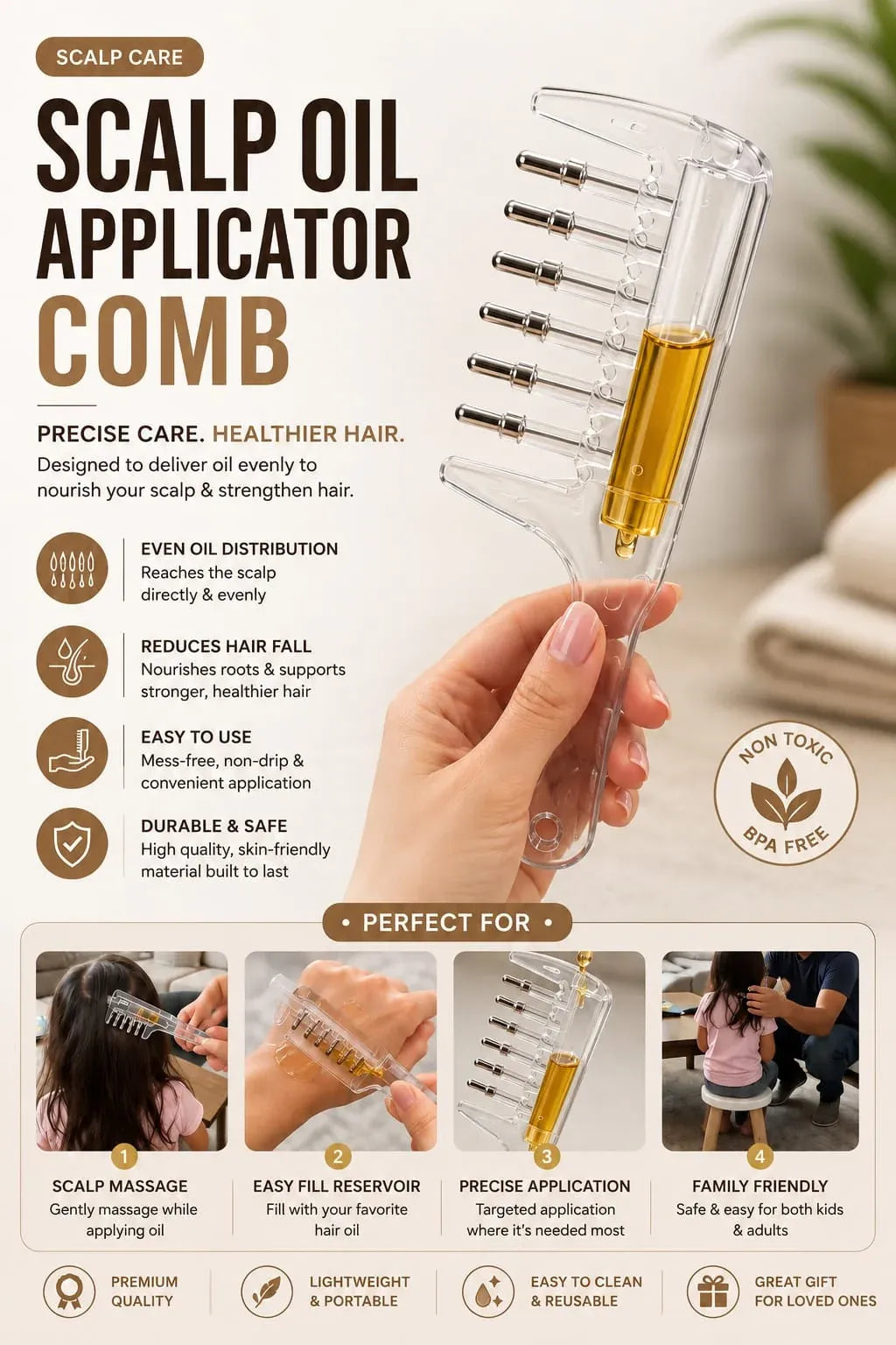 2-in-1 Hair Oil Applicator Comb with Roller Ball