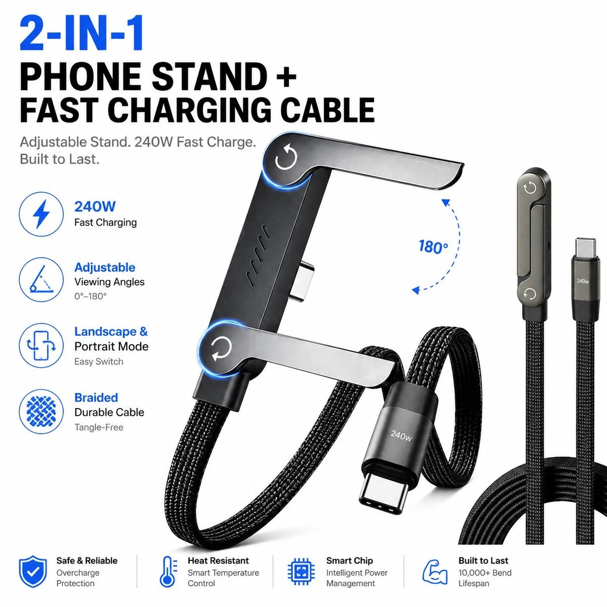 2 In 1 Type C Fast Charging Cable+Mobile Stand (240W)
